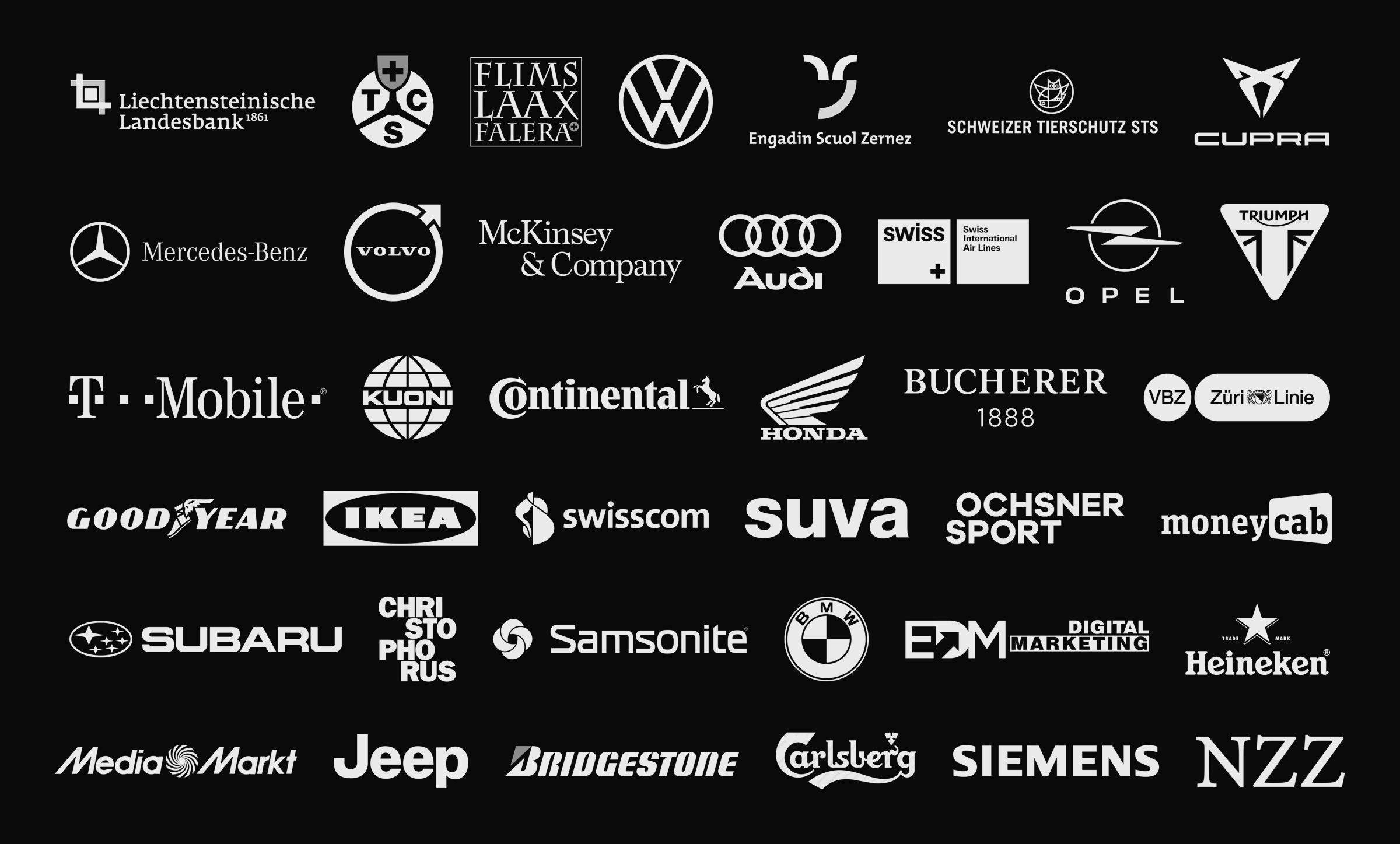 Logos von Marken, für die wir gearbeitet haben, darunter Volvo, Mercedes-Benz, Audi, BMW, IKEA, Swisscom, Heineken und NZZ